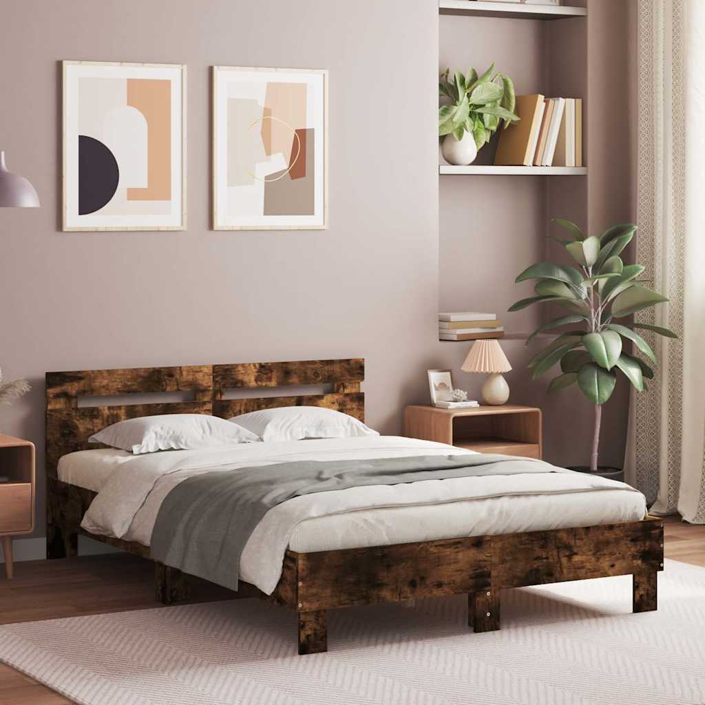 Bedframe met hoofdeinde bewerkt hout gerookt eiken 120x190 cm – afbeelding 1