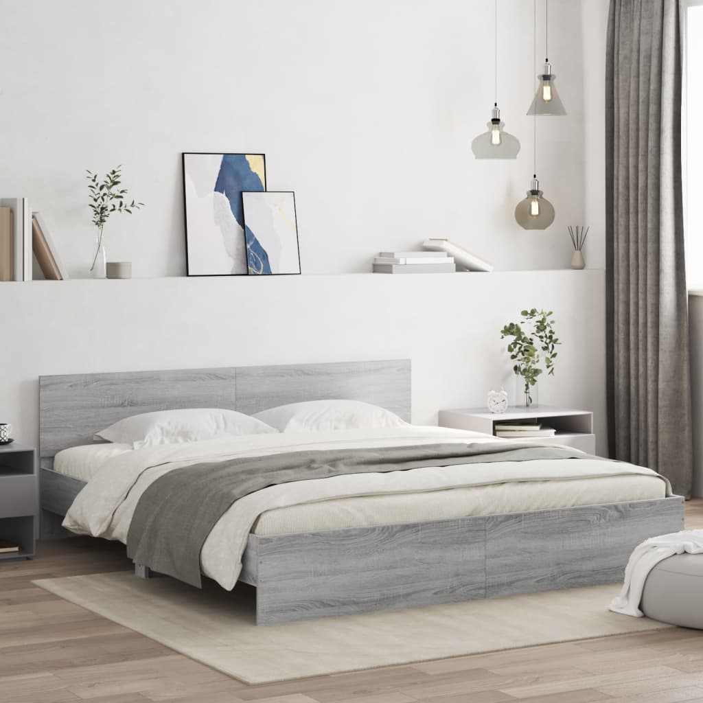 Bedframe met hoofdeinde grijs sonoma eikenkleurig 200x200 cm – afbeelding 1