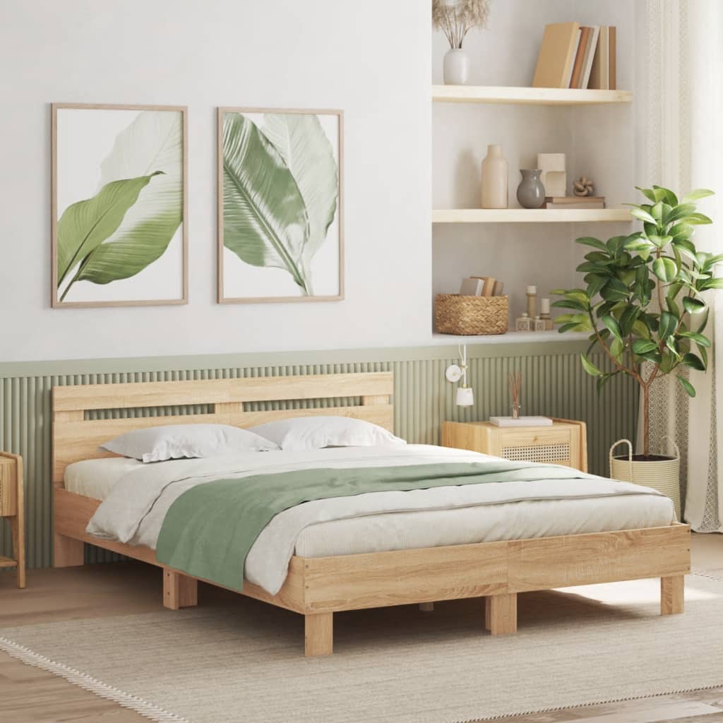 Bedframe met hoofdeinde en LED sonoma eikenkleurig 140x190 cm – afbeelding 1