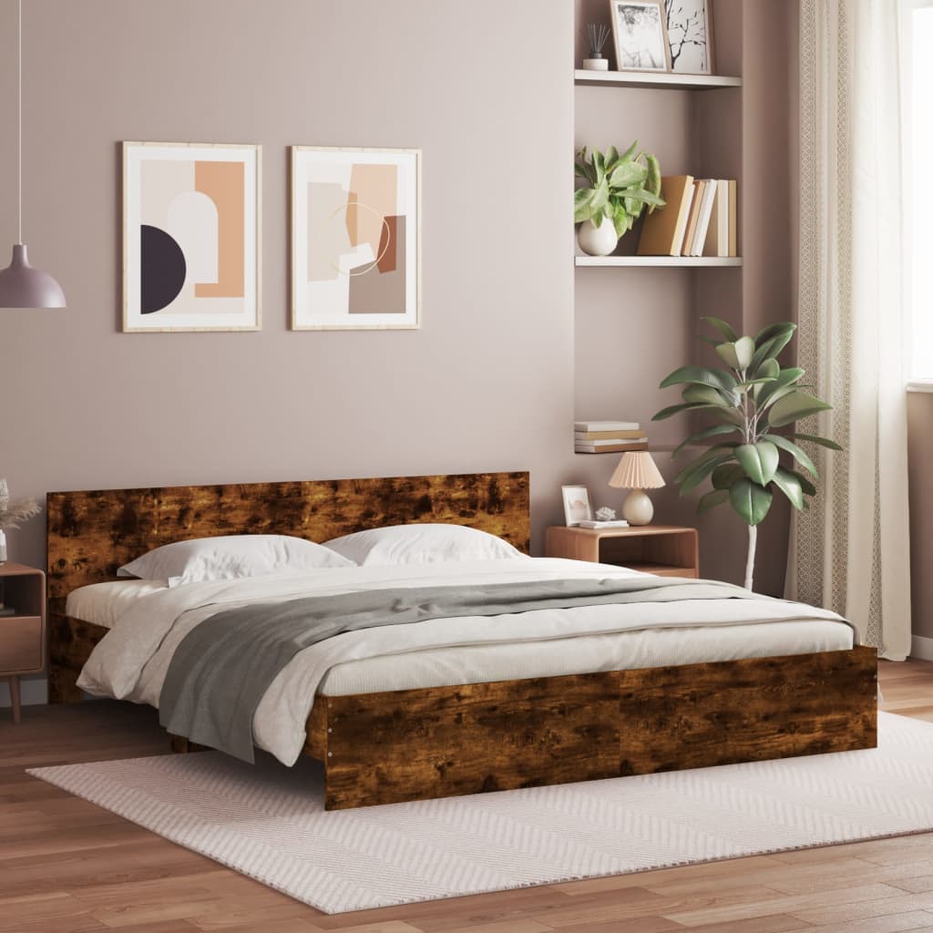 Bedframe met hoofdeinde en LED gerookt eikenkleurig 200x200 cm – afbeelding 1