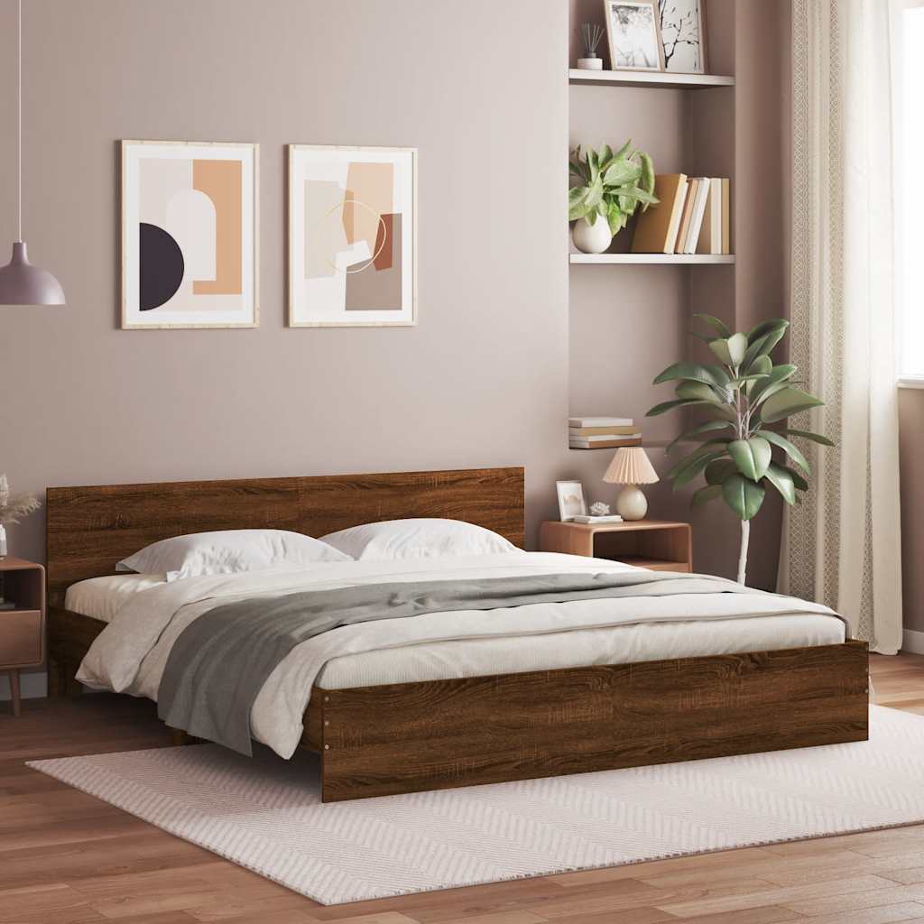 Bedframe met hoofdeinde en LED bruin eikenkleur 200x200 cm – afbeelding 1