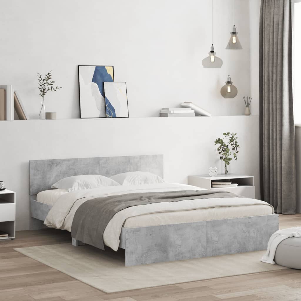 Bedframe met hoofdeinde en LED-licht betongrijs 160x200 cm – afbeelding 1