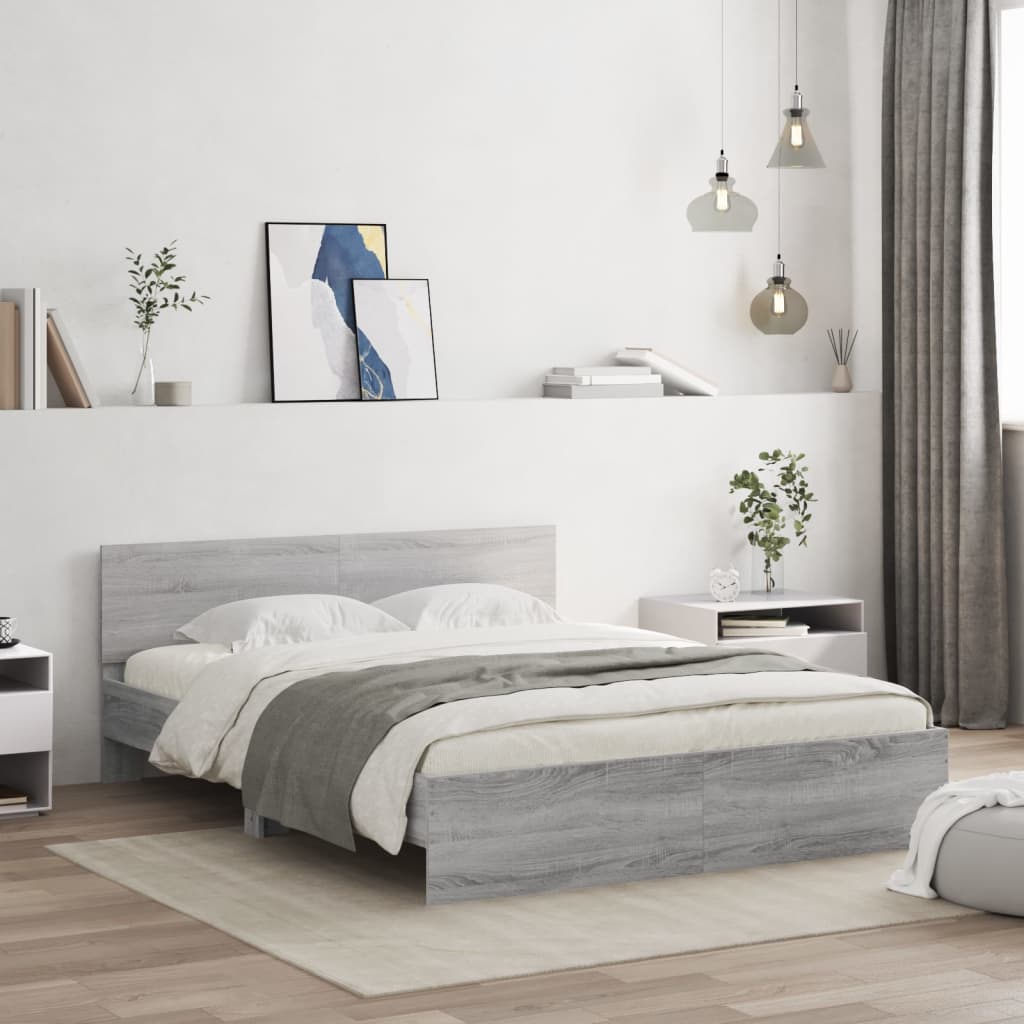 Bedframe met hoofdeinde en LED-licht grijs sonoma 160x200 cm – afbeelding 1