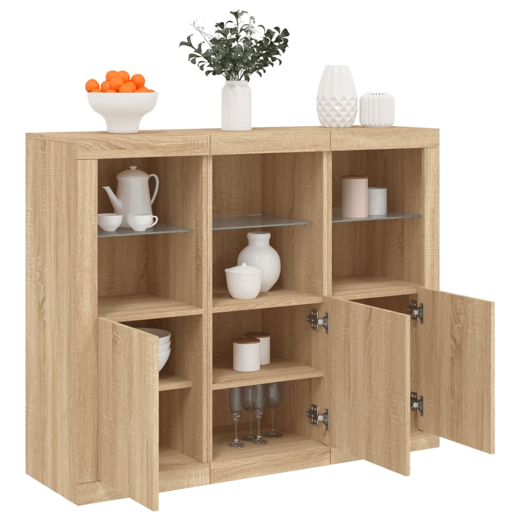 Dressoirs met LED-verlichting 3 st bewerkt hout sonoma eiken