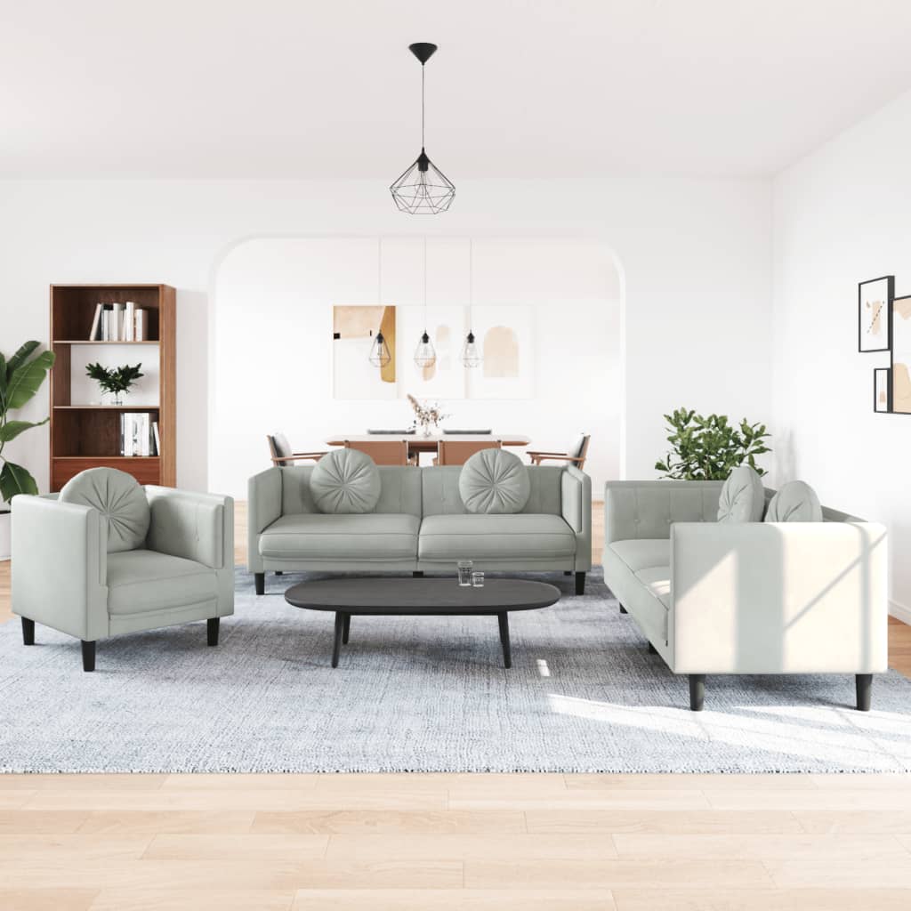 3-delige Loungeset met kussens fluweel lichtgrijs – afbeelding 1