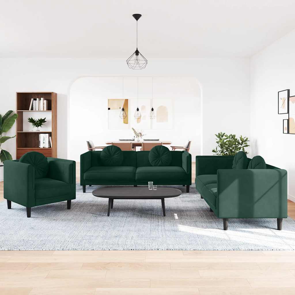 3-delige Loungeset met kussens fluweel donkergroen
