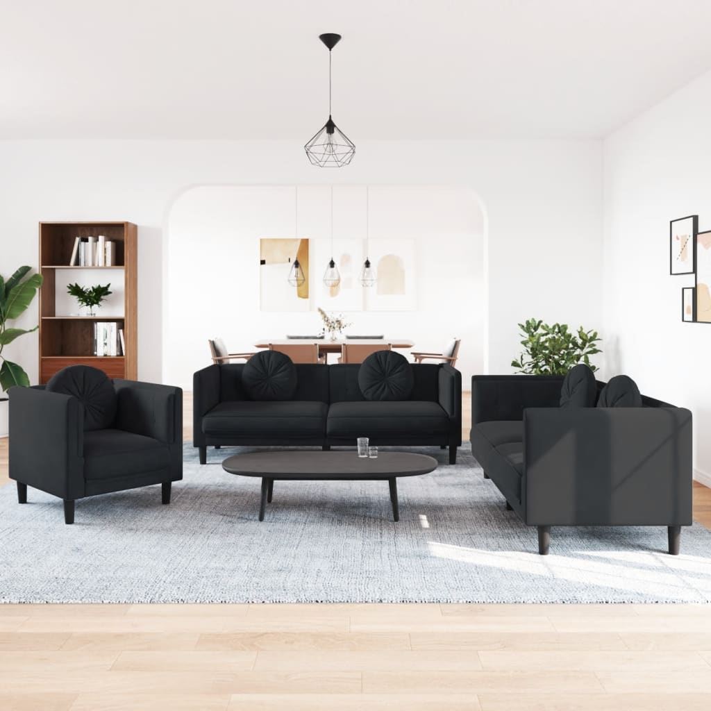 3-delige Loungeset met kussens fluweel zwart – afbeelding 1
