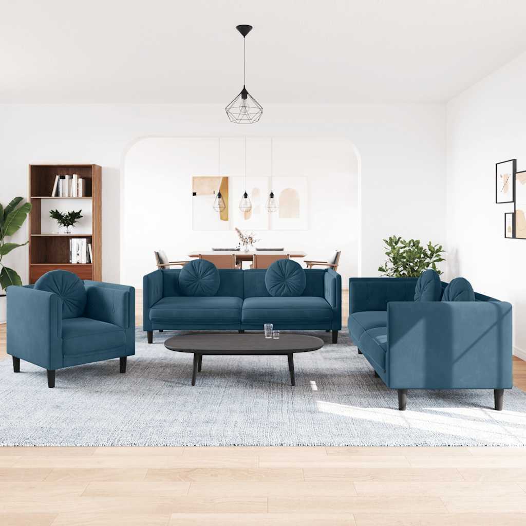 3-delige Loungeset met kussens fluweel blauw