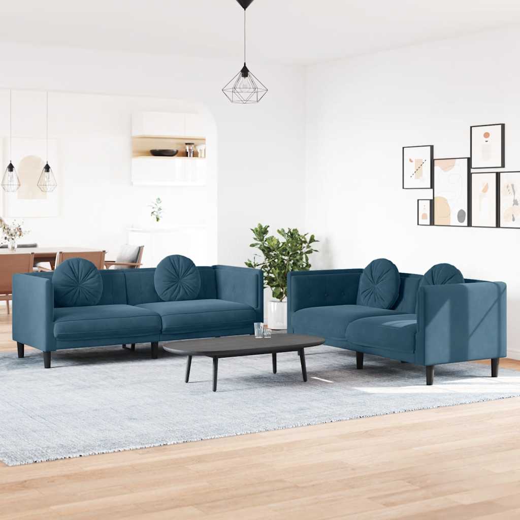 2-delige Loungeset met kussens fluweel blauw – afbeelding 1