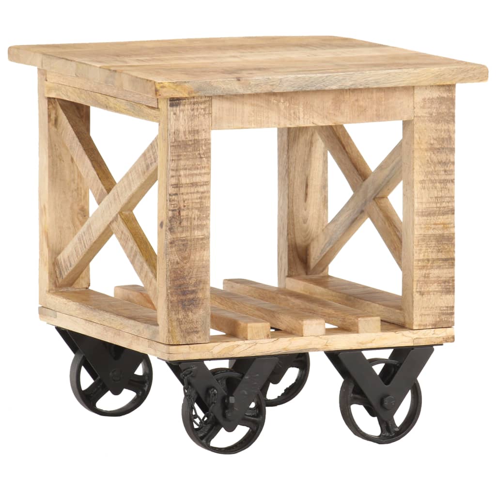 Bijzettafel op wieltjes 40x40x42 cm ruw mangohout – afbeelding 1
