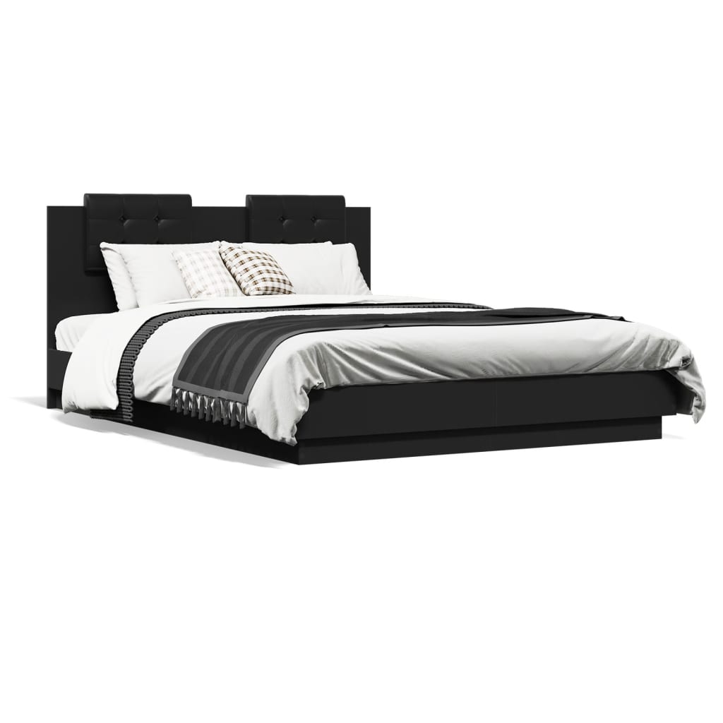 Bedframe met hoofdeinde bewerkt hout zwart 150x200 cm – afbeelding 2