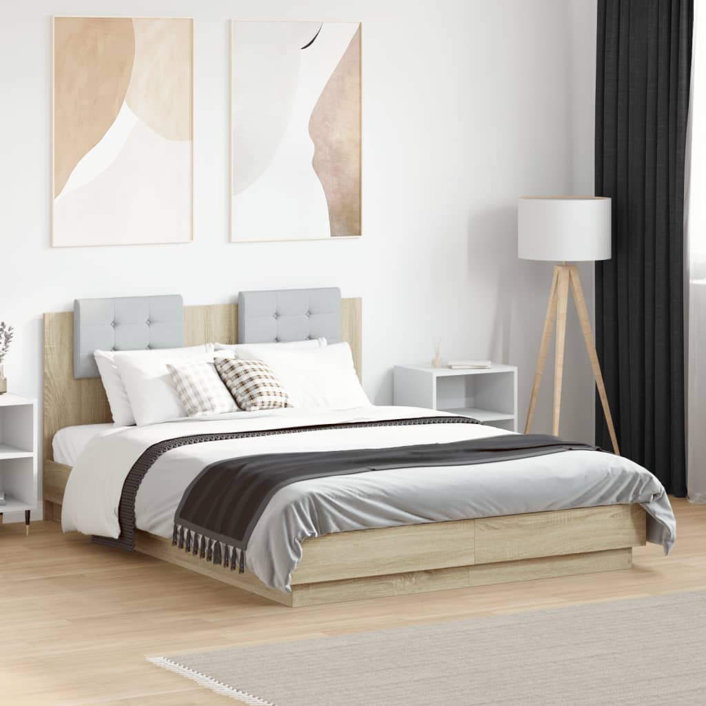 Bedframe met hoofdeinde bewerkt hout sonoma eiken 135x190 cm – afbeelding 1
