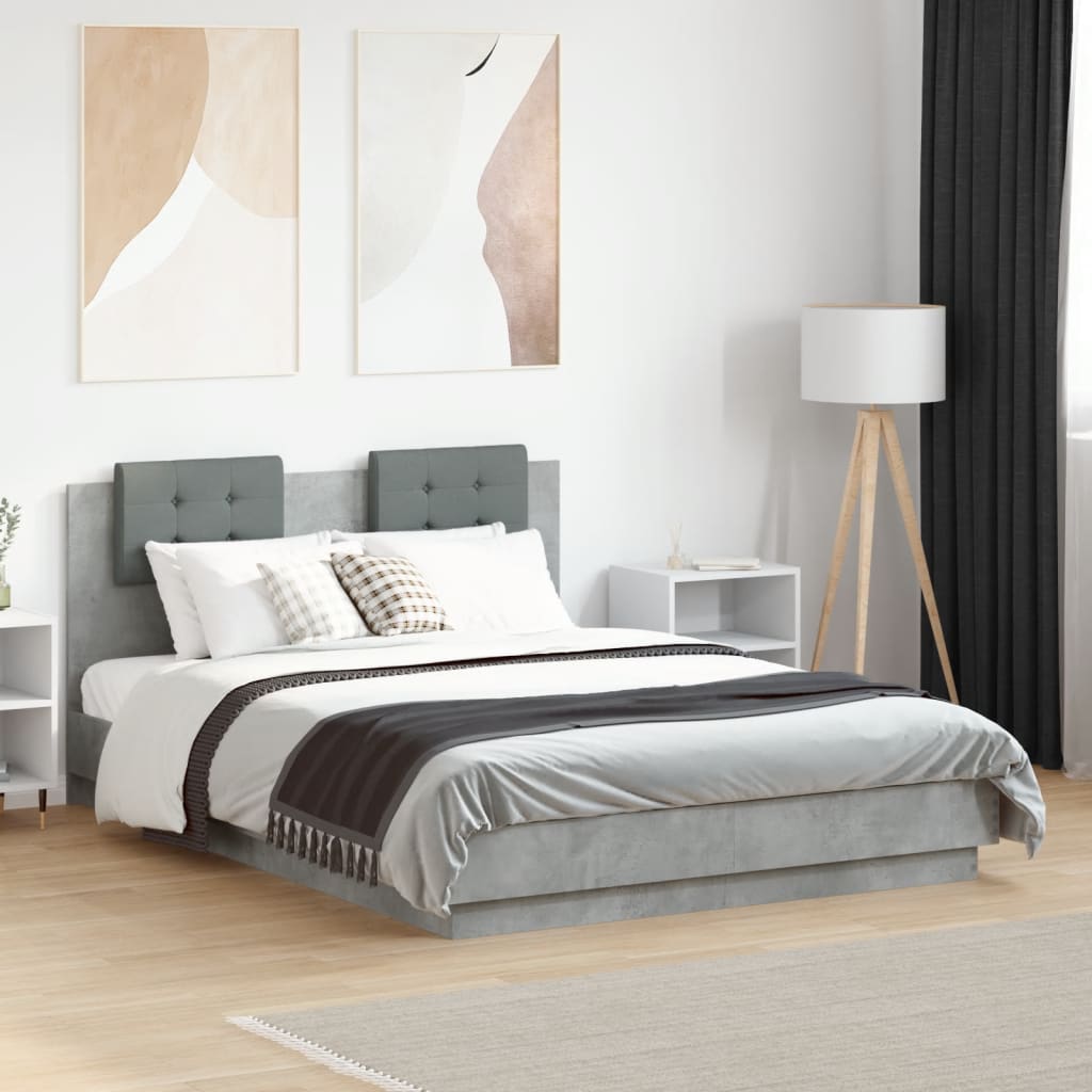 Bedframe met hoofdeinde bewerkt hout betongrijs 135x190 cm – afbeelding 1