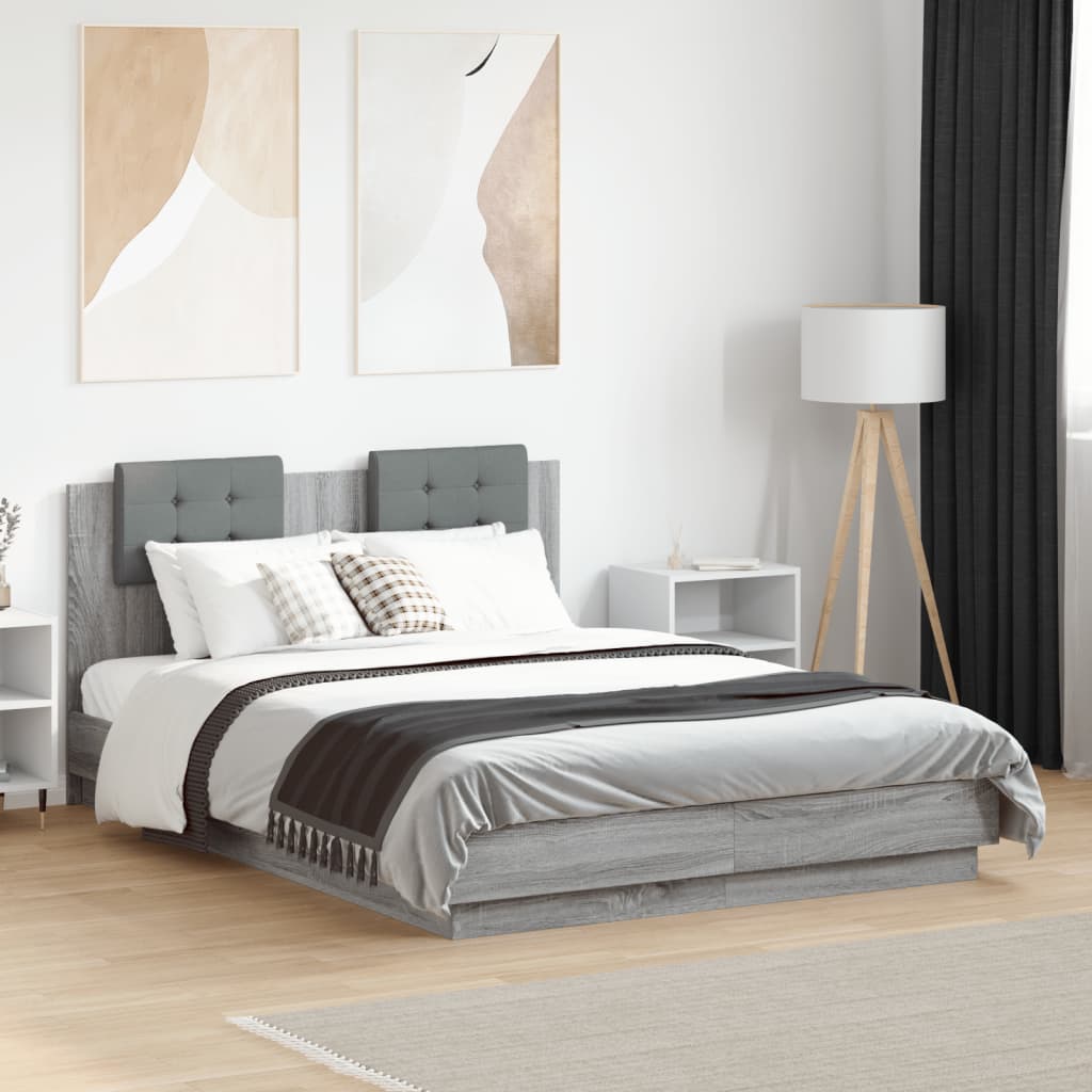 Bedframe met hoofdeinde grijs sonoma eiken 135x190 cm – afbeelding 1