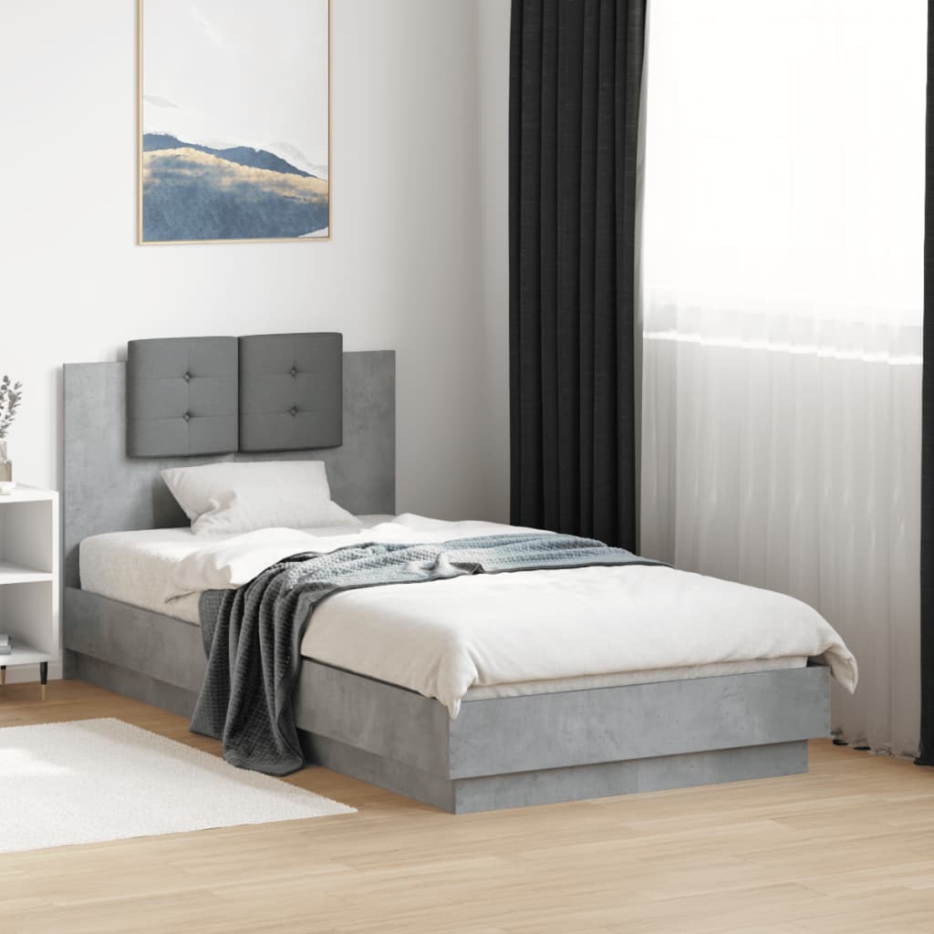 Bedframe met hoofdeinde bewerkt hout betongrijs 90x190 cm – afbeelding 1