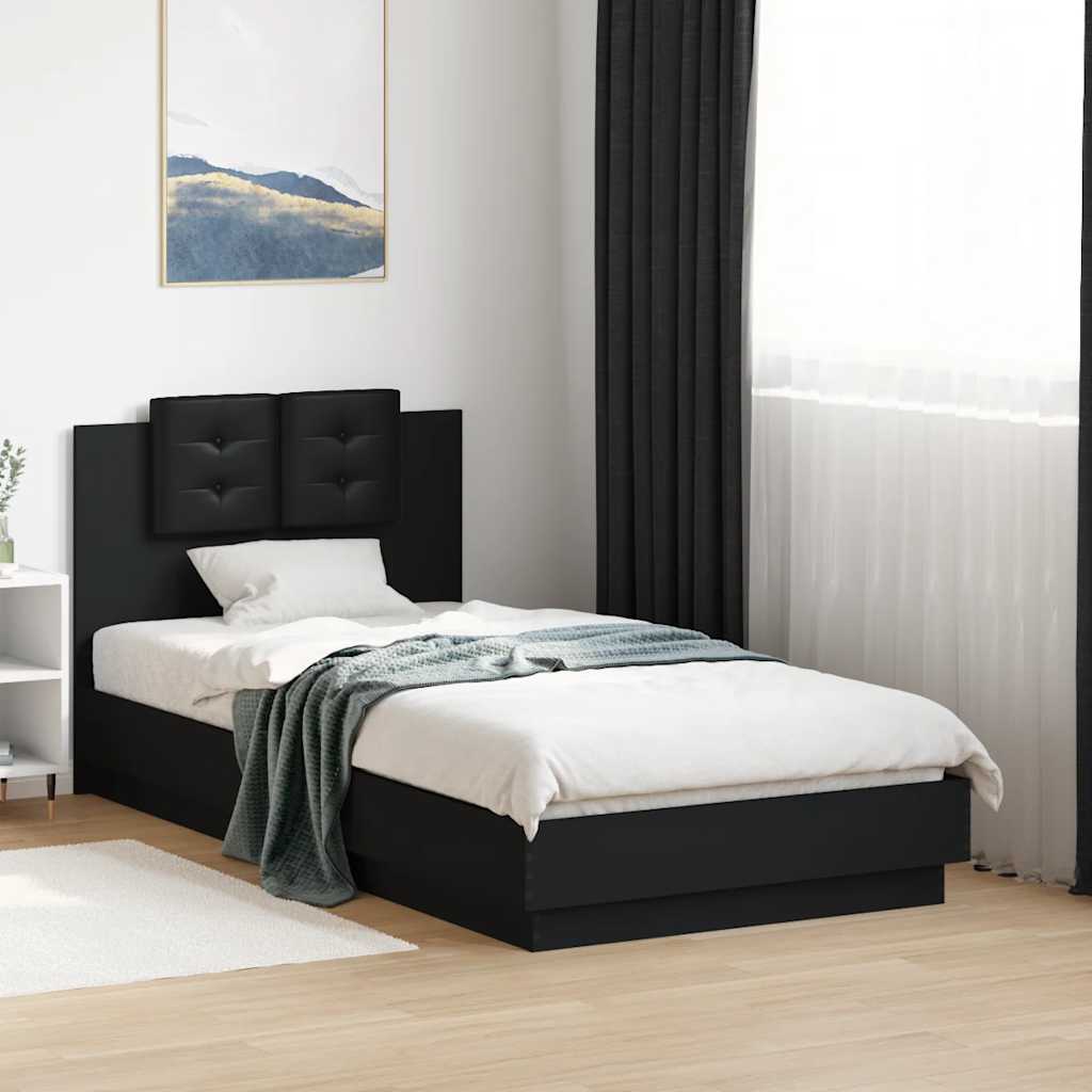 Bedframe met hoofdbord bewerkt hout zwart 75x190 cm – afbeelding 1