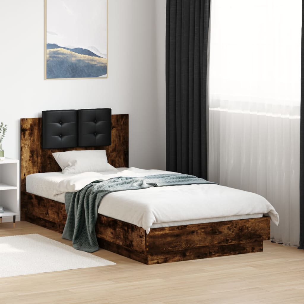 Bedframe met hoofdbord bewerkt hout gerookt eiken 75x190 cm – afbeelding 1