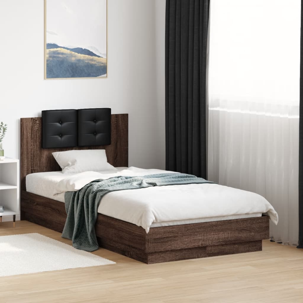 Bedframe hoofdbord bewerkt hout bruin eikenkleurig 75x190 cm – afbeelding 1