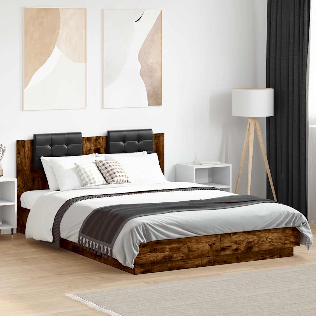 Bedframe met hoofdbord en LED gerookt eikenkleur 120x200 cm – afbeelding 1