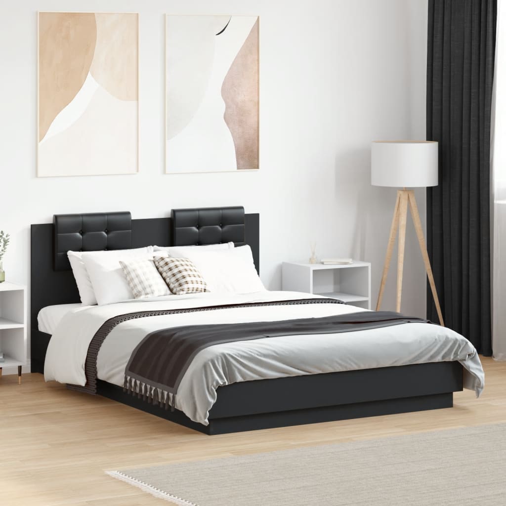 Bedframe met hoofdeinde en LED-verlichting zwart 135x190 cm – afbeelding 1