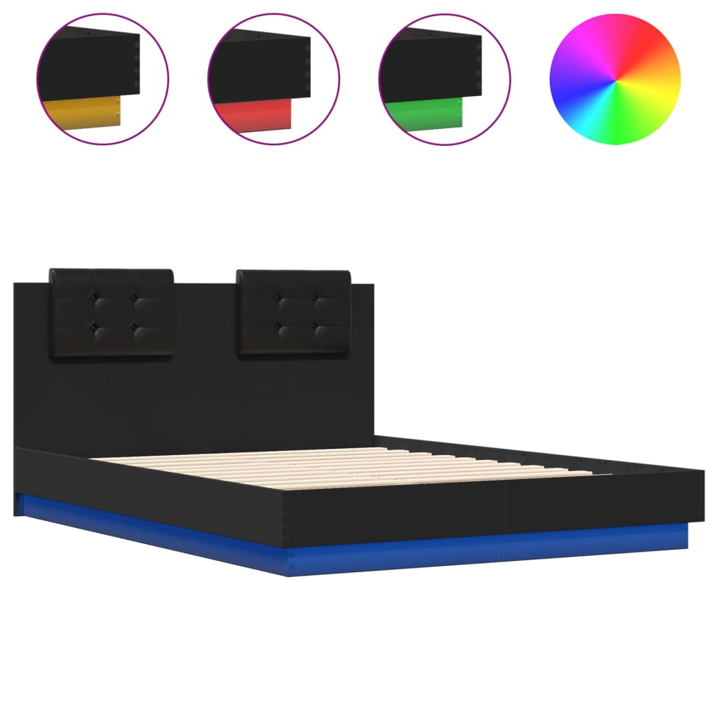 Bedframe met hoofdeinde en LED-verlichting zwart 135x190 cm – afbeelding 2