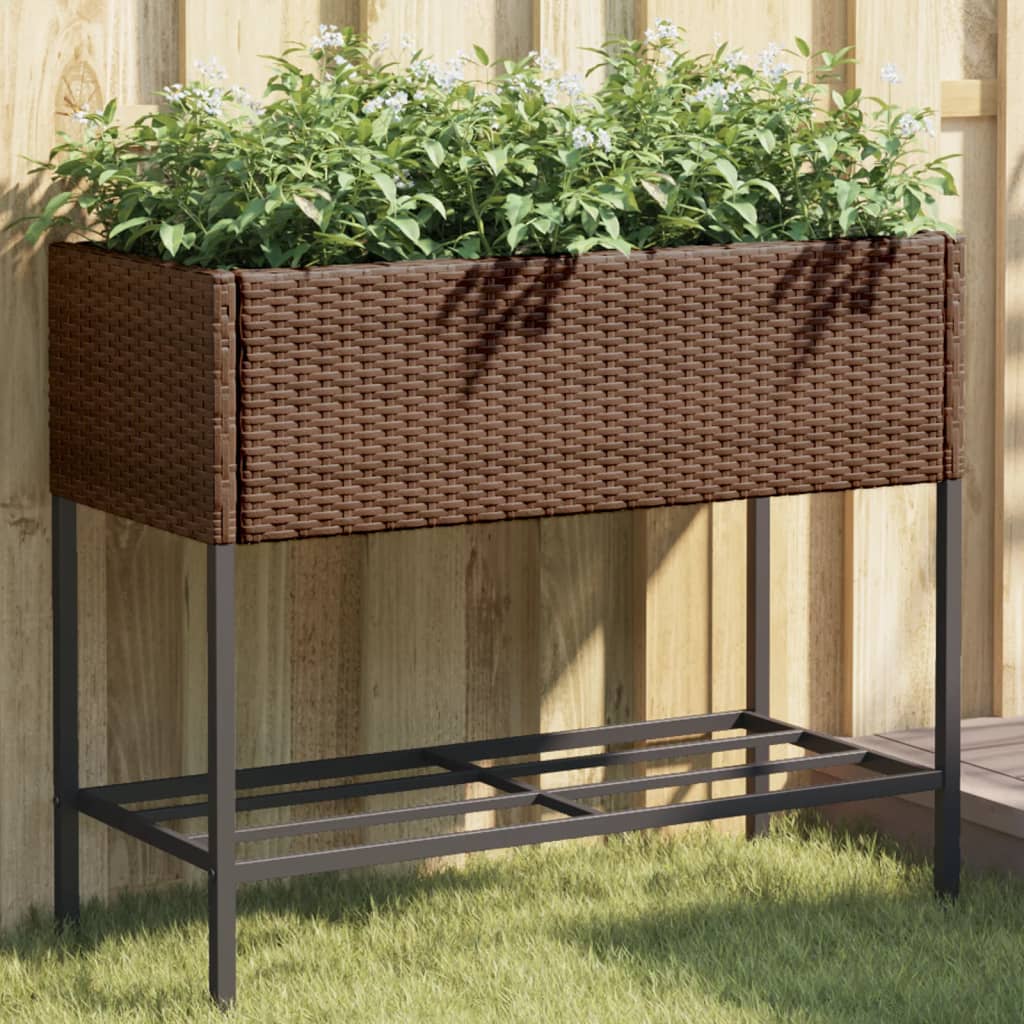 Plantenbakken met schap 2 st 90x40x75 poly rattan bruin – afbeelding 1
