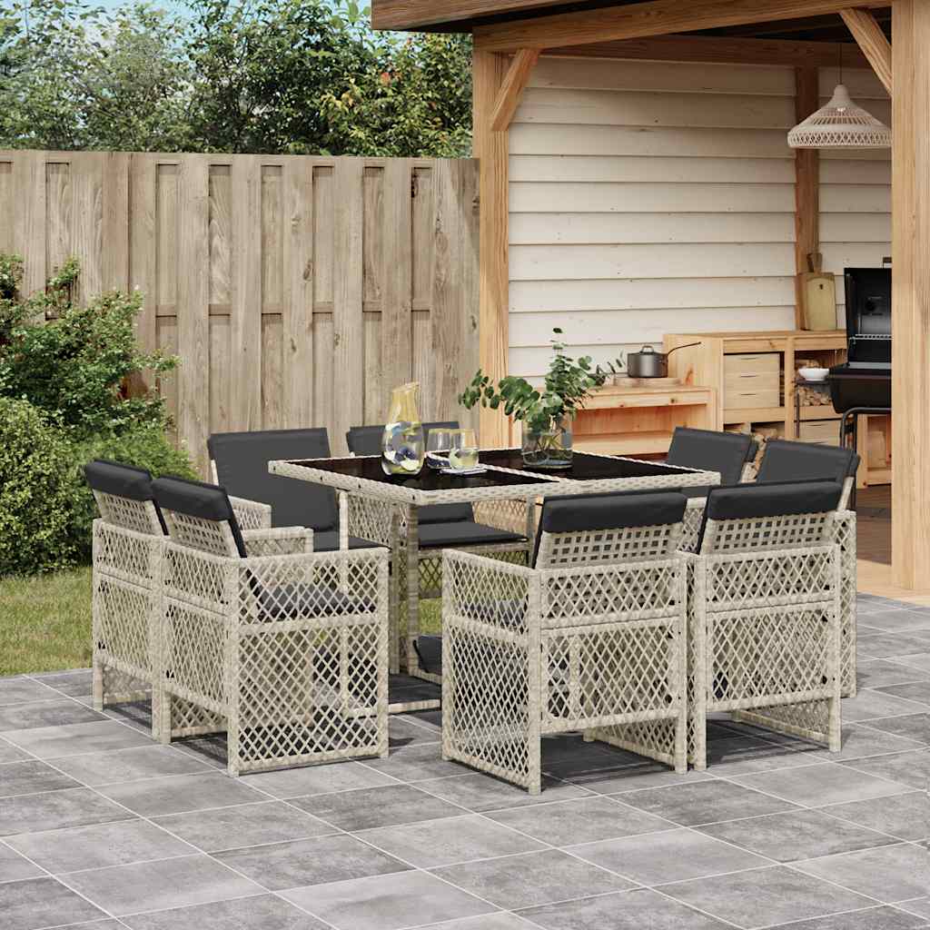 9-delige Tuinset met kussens poly rattan lichtgrijs – afbeelding 1