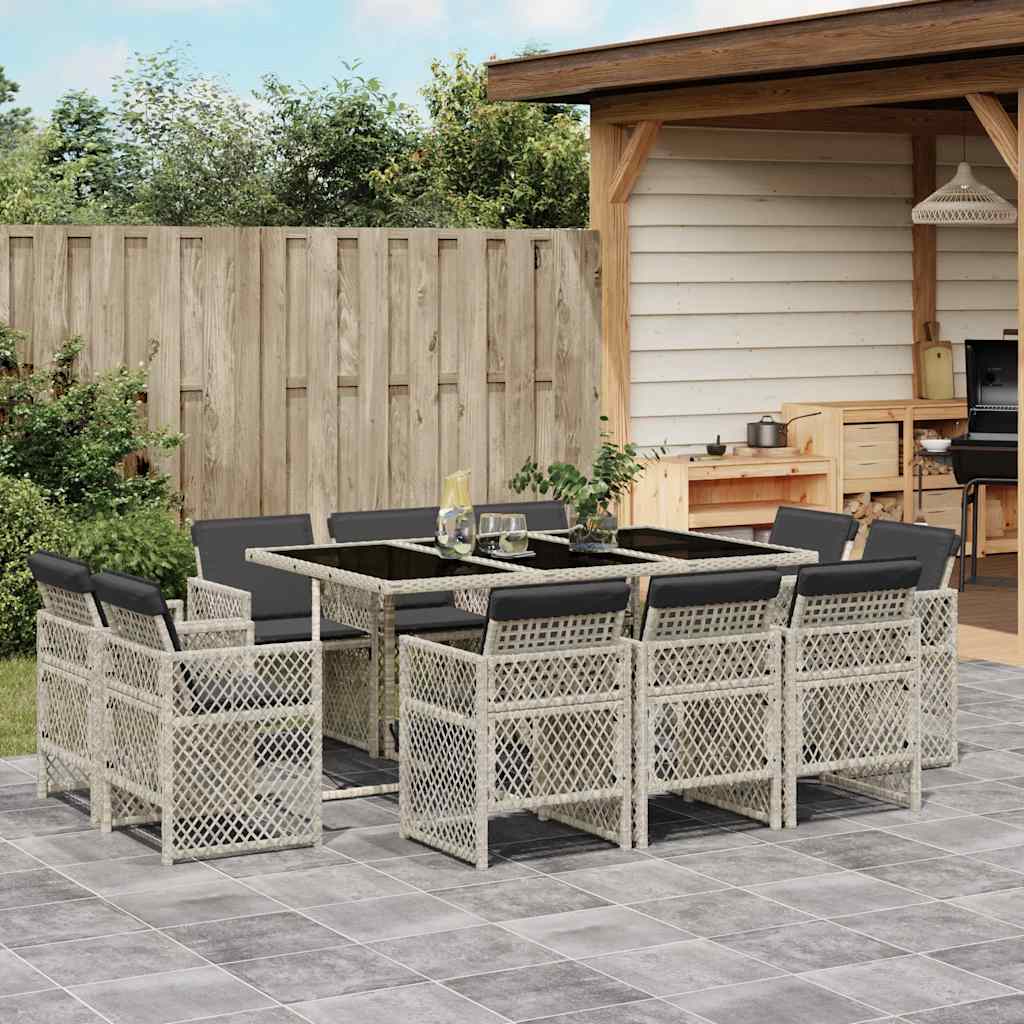 11-delige Tuinset met kussens poly rattan lichtgrijs – afbeelding 1
