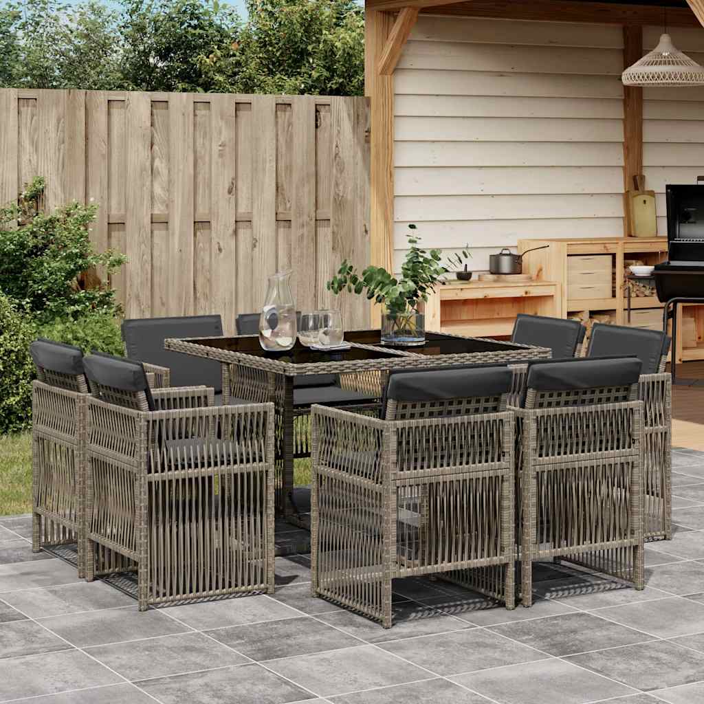 9-delige Tuinset met kussens poly rattan grijs – afbeelding 1