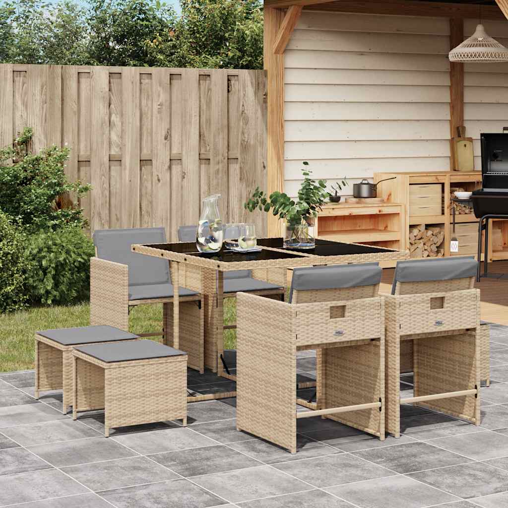 9-delige Tuinset met kussens poly rattan gemengd beige – afbeelding 1