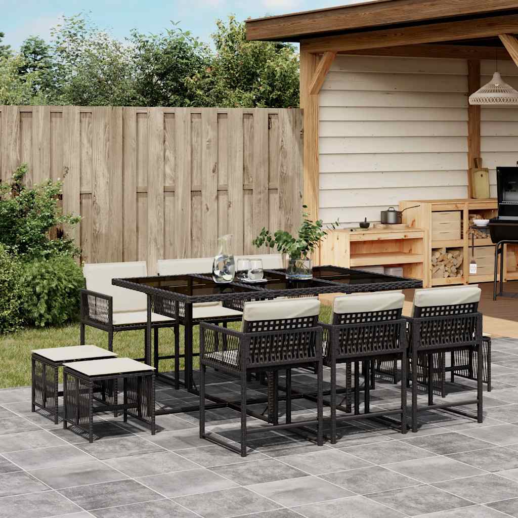 11-delige Tuinset met kussens poly rattan zwart – afbeelding 1