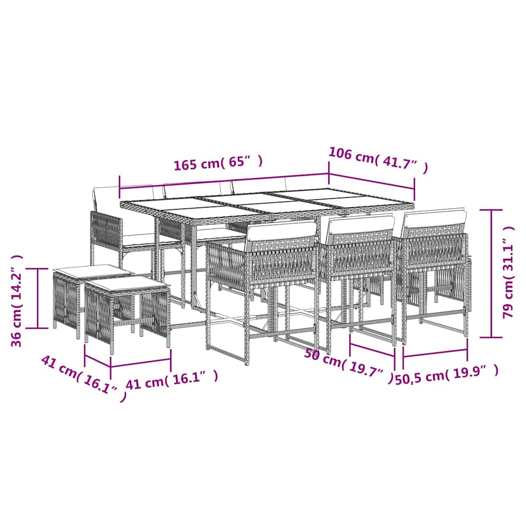 11-delige Tuinset met kussens poly rattan zwart – afbeelding 6