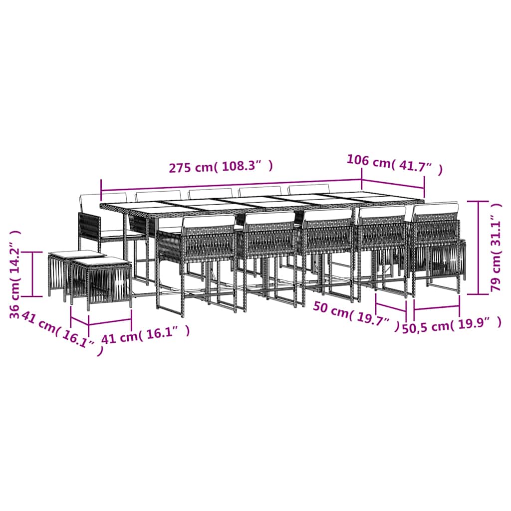 15-delige Tuinset met kussens poly rattan zwart – afbeelding 6