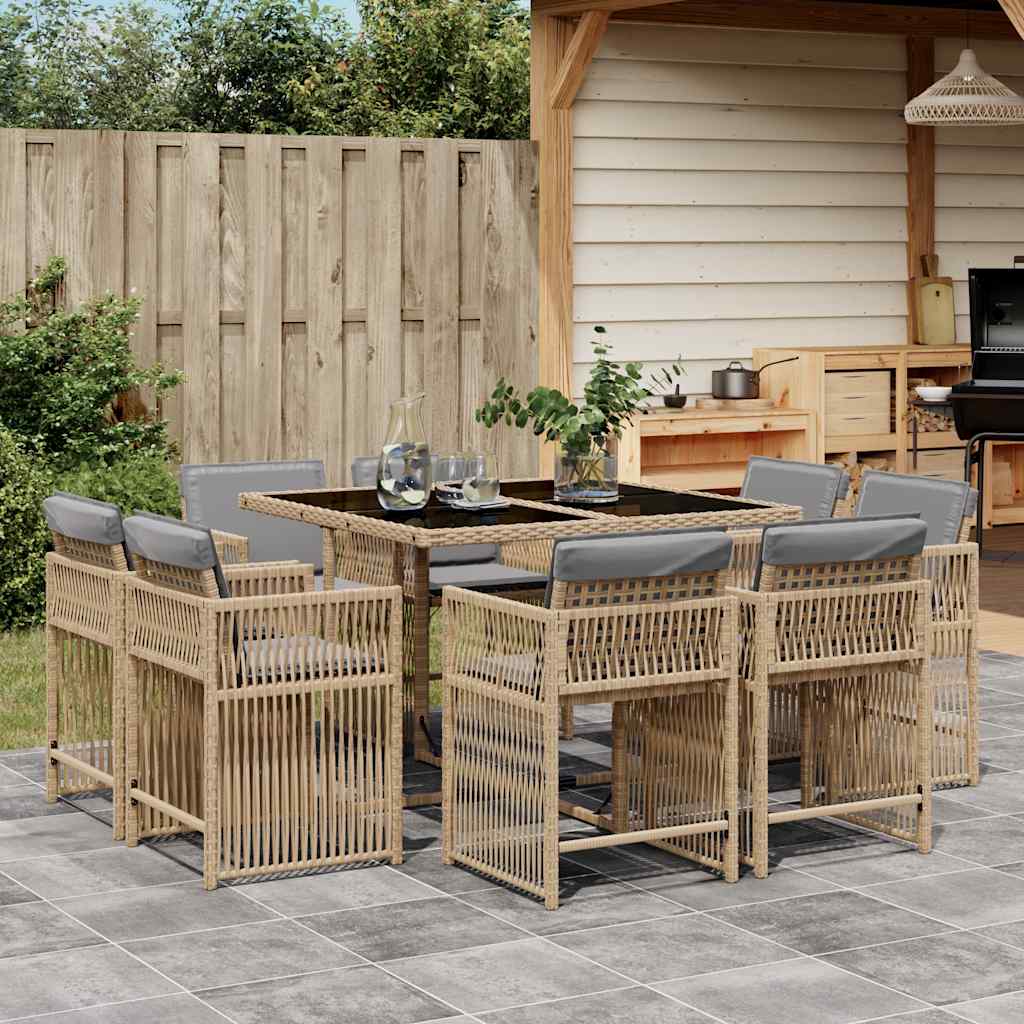 9-delige Tuinset met kussens poly rattan gemengd beige – afbeelding 1