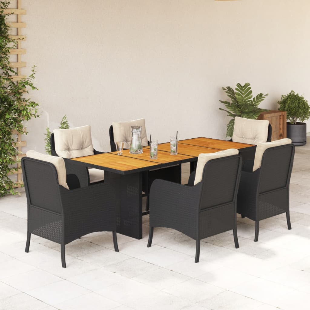 7-delige Tuinset met kussens poly rattan zwart – afbeelding 1