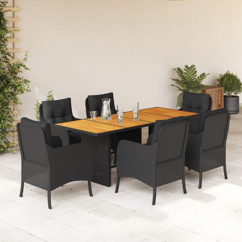 7-delige Tuinset met kussens poly rattan zwart – afbeelding 1