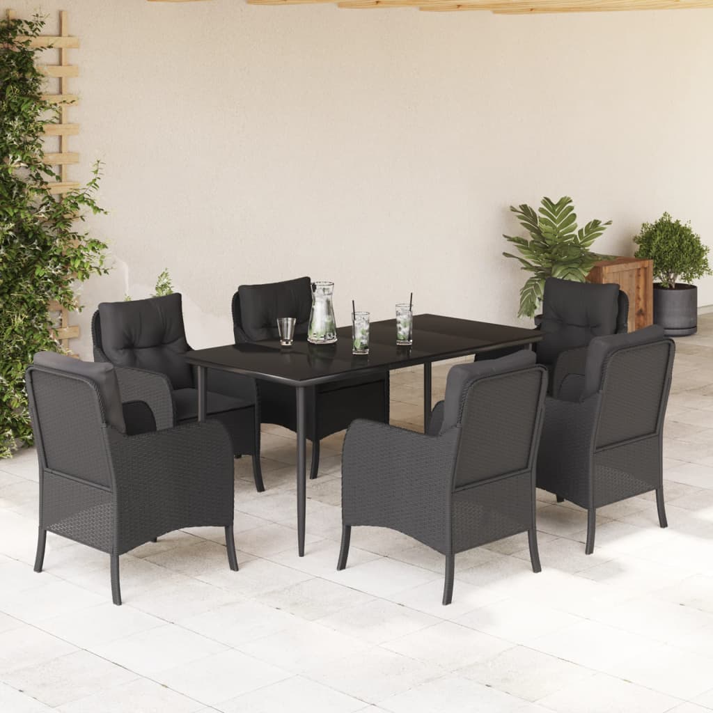 7-delige Tuinset met kussens poly rattan zwart – afbeelding 1