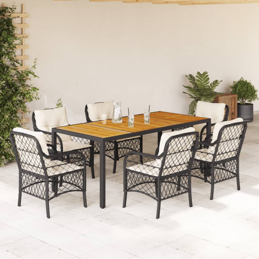 7-delige Tuinset met kussens poly rattan zwart – afbeelding 1