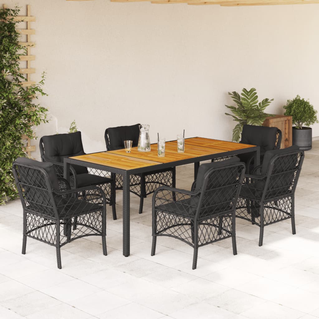7-delige Tuinset met kussens poly rattan zwart – afbeelding 1