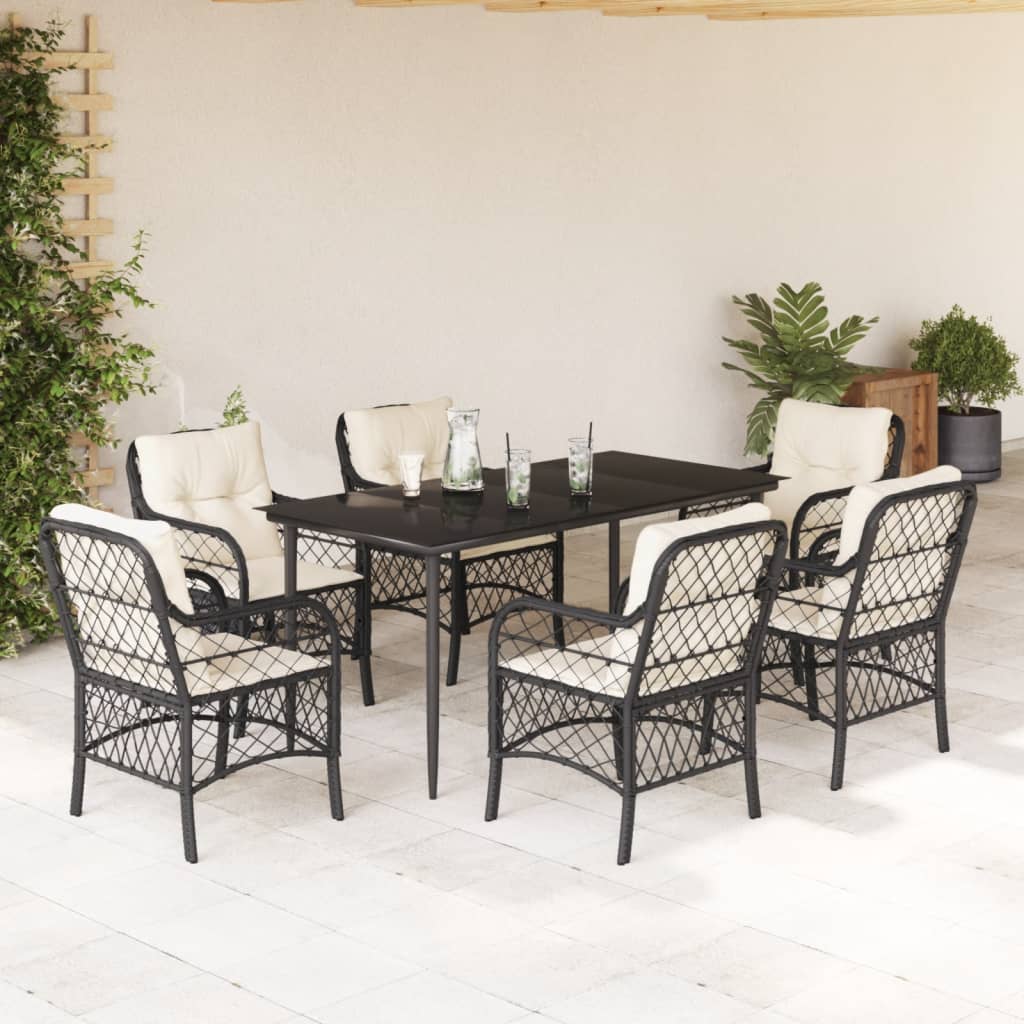 7-delige Tuinset met kussens poly rattan zwart – afbeelding 1