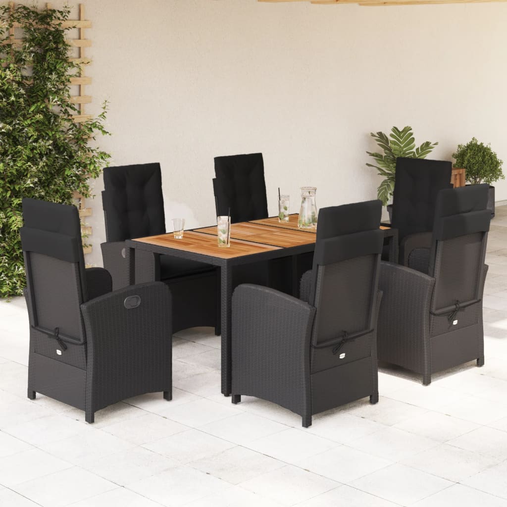7-delige Tuinset met kussens poly rattan zwart – afbeelding 1