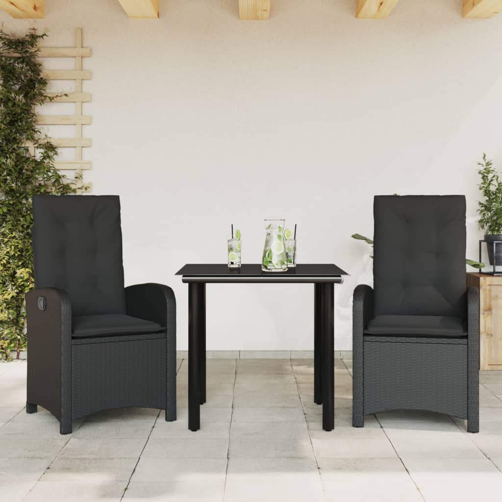 3-delige Tuinset met kussens poly rattan zwart – afbeelding 1