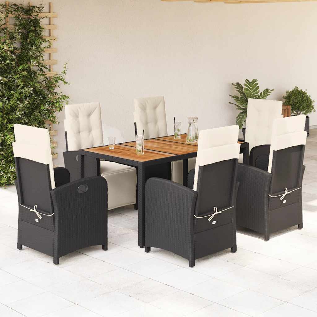 7-delige Tuinset met kussens poly rattan zwart – afbeelding 1