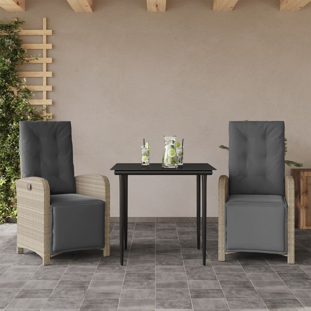 3-delige Bistroset met kussens poly rattan lichtgrijs – afbeelding 1