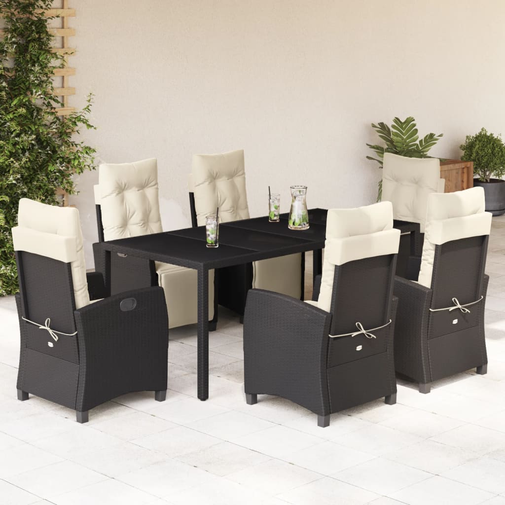 7-delige Tuinset met kussens poly rattan zwart – afbeelding 1