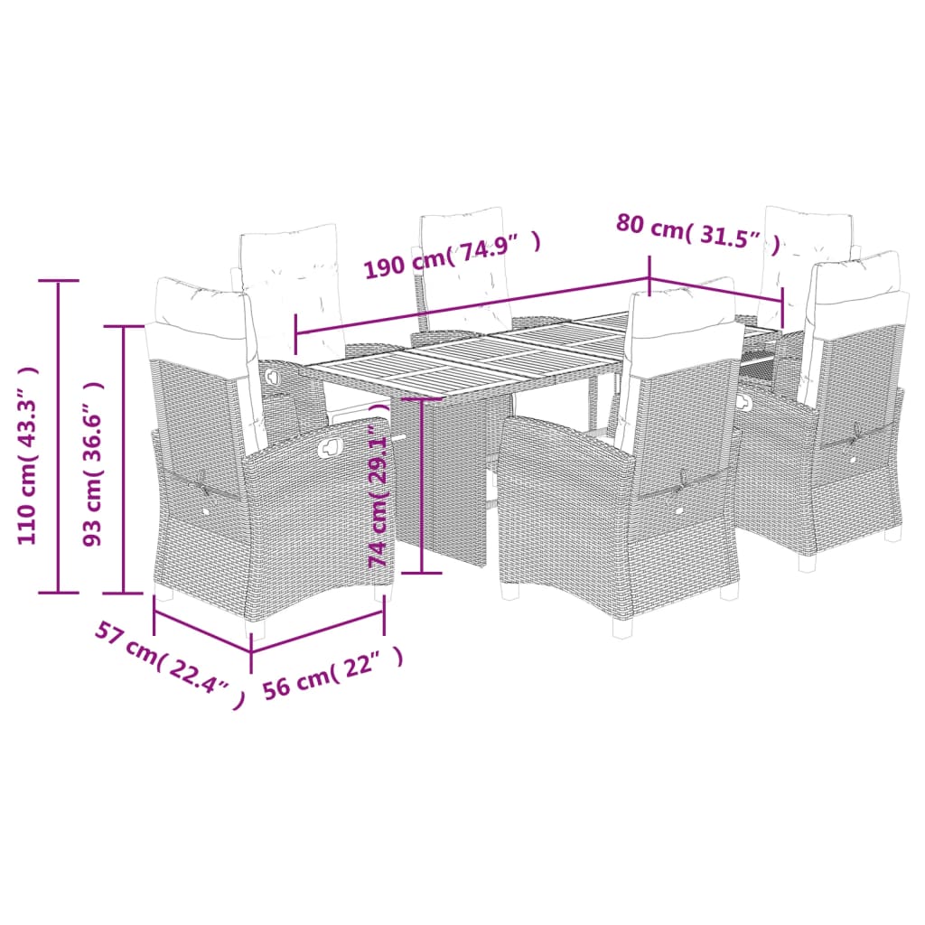 7-delige Tuinset met kussens poly rattan zwart – afbeelding 9