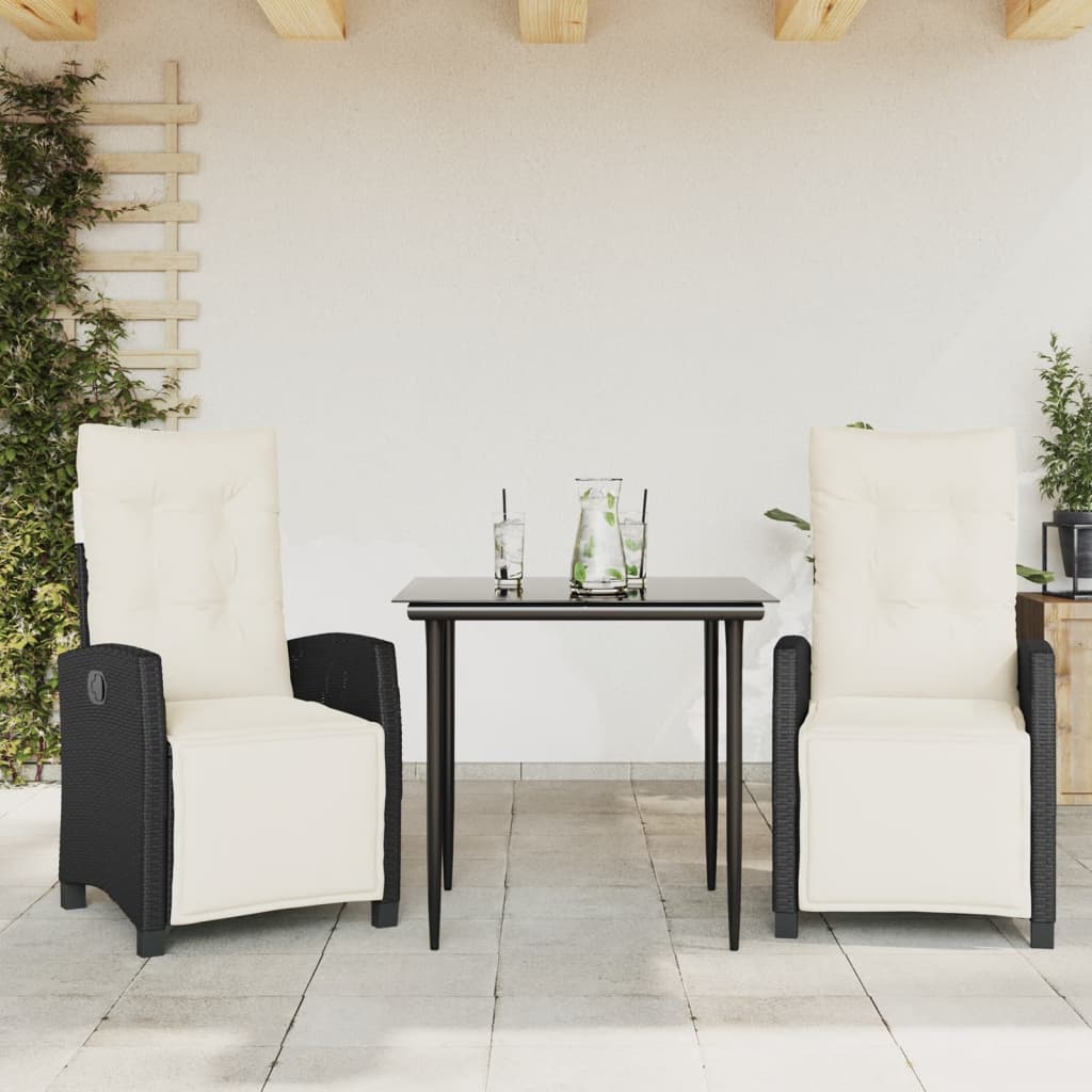 3-delige Tuinset met kussens poly rattan zwart – afbeelding 1