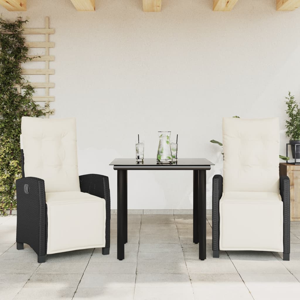 3-delige Tuinset met kussens poly rattan zwart – afbeelding 1