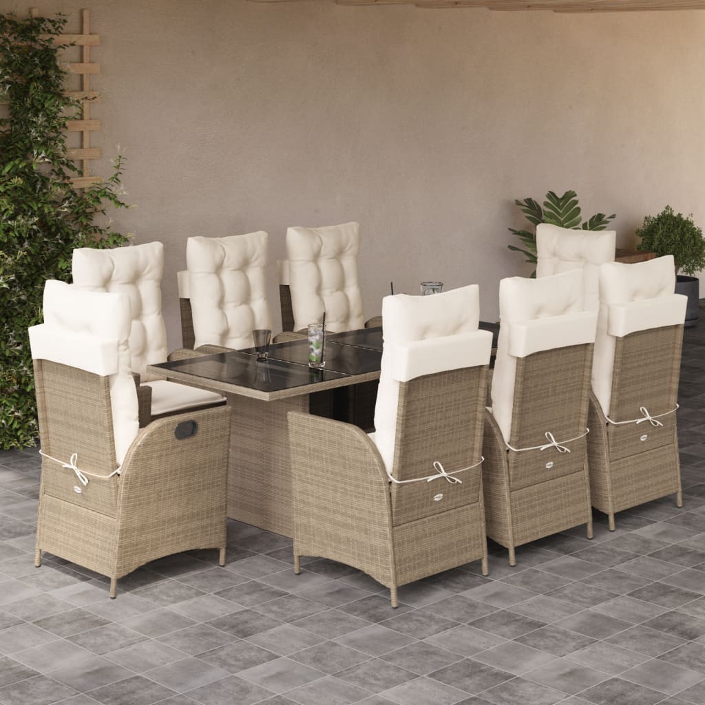 9-delige Tuinset met kussens poly rattan beige – afbeelding 1
