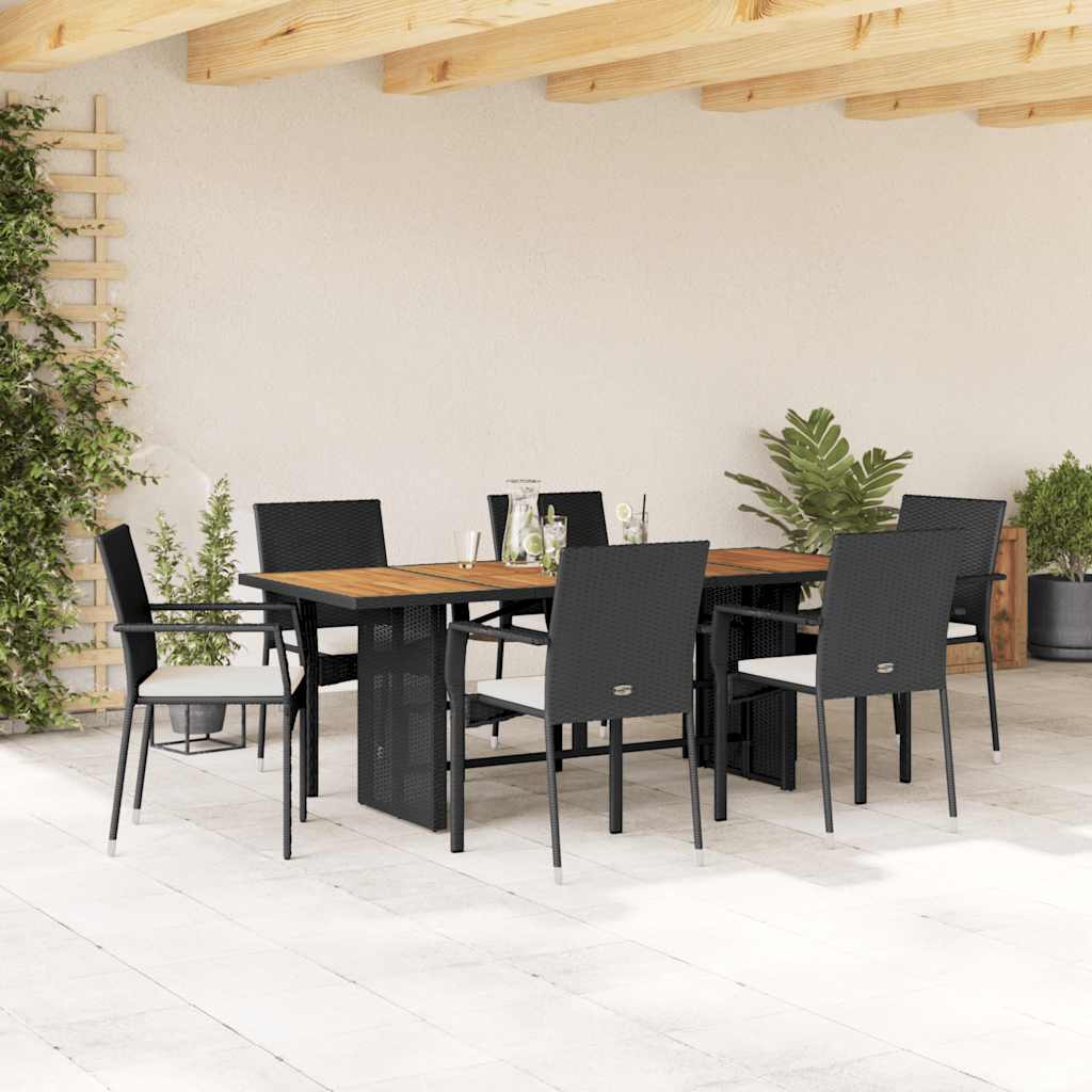 7-delige Tuinset met kussens poly rattan zwart – afbeelding 1